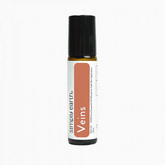 A roll on bottle of simply earth veins essential oil