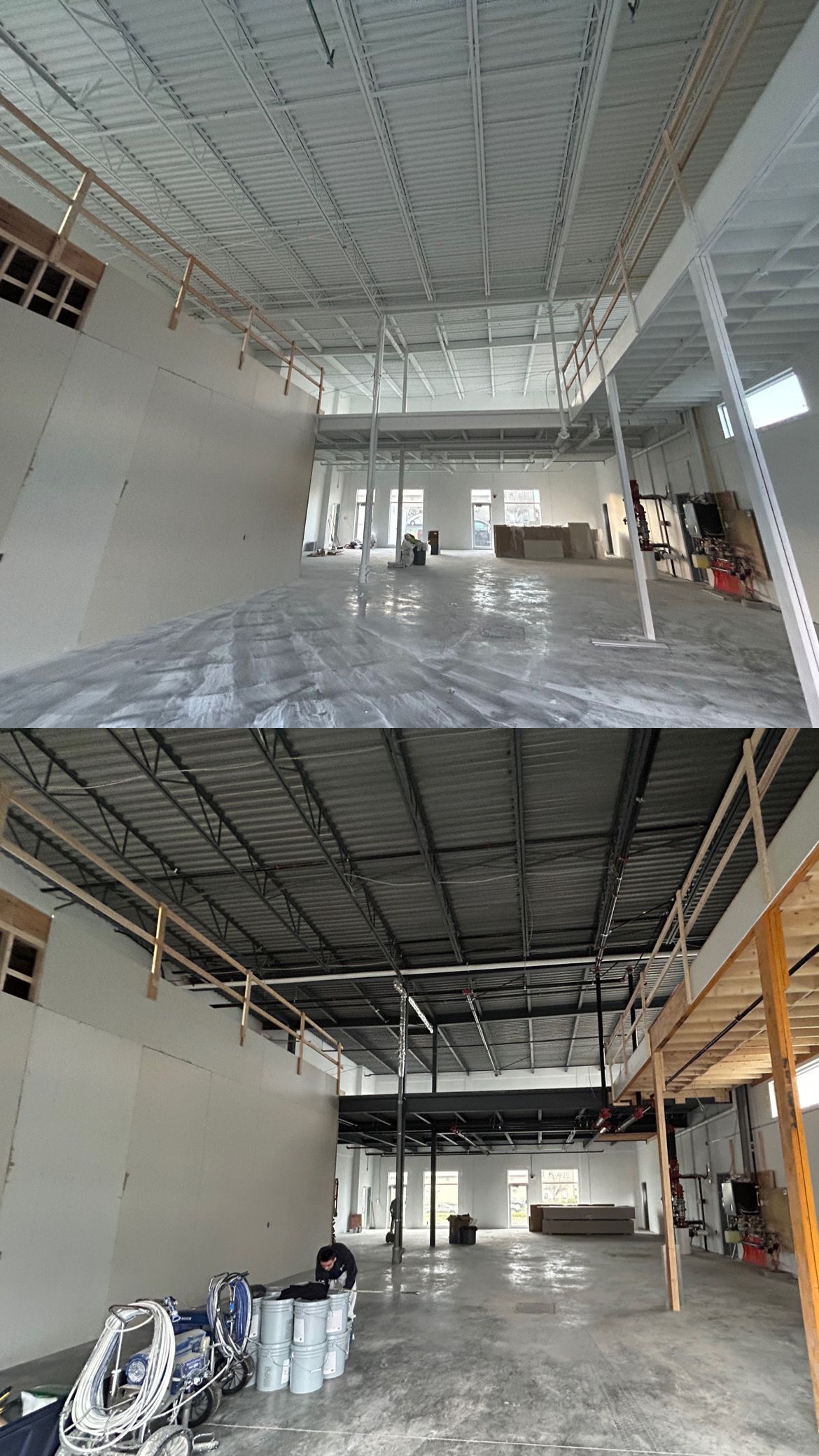 Une photo avant et après d'un entrepôt en cours de rénovation.