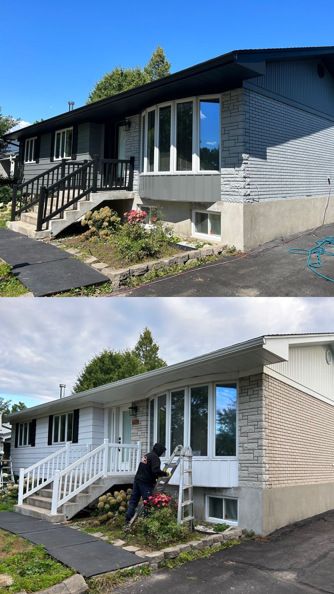 Une photo avant et après d'une maison en cours de peinture.