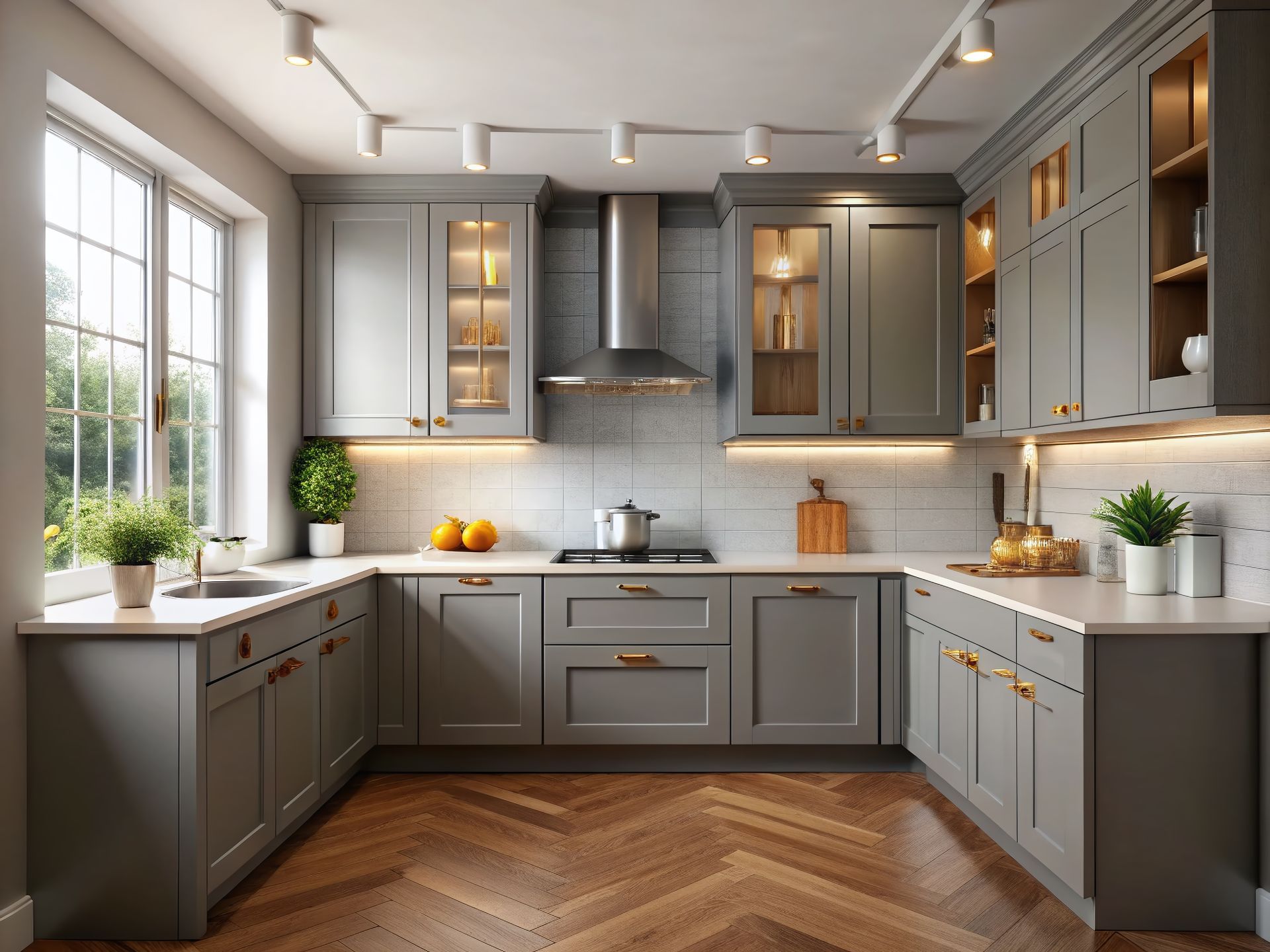 Cuisine grise avec parquet à chevrons, placards gris, plans de travail blancs et éclairage sur rail lumineux.