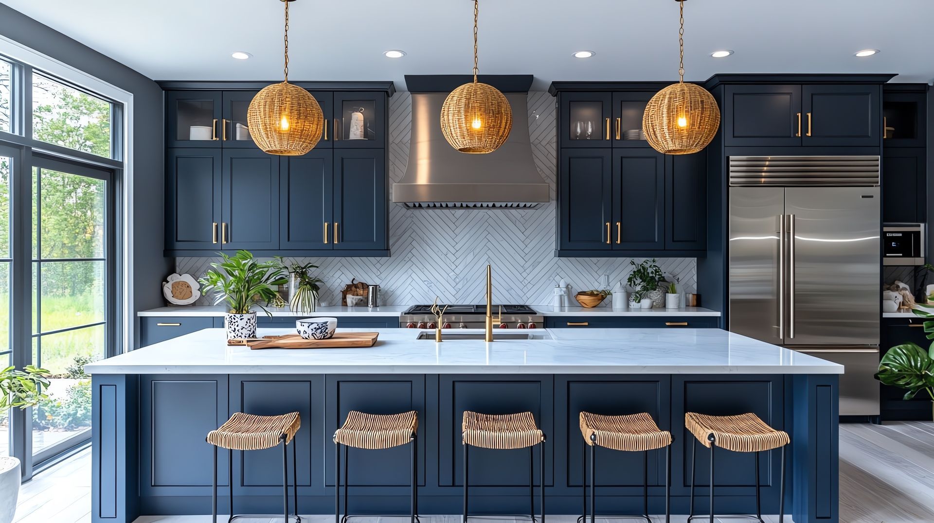 Cuisine bleue avec îlot central, comptoirs en marbre, suspensions lumineuses et tabourets en bois.