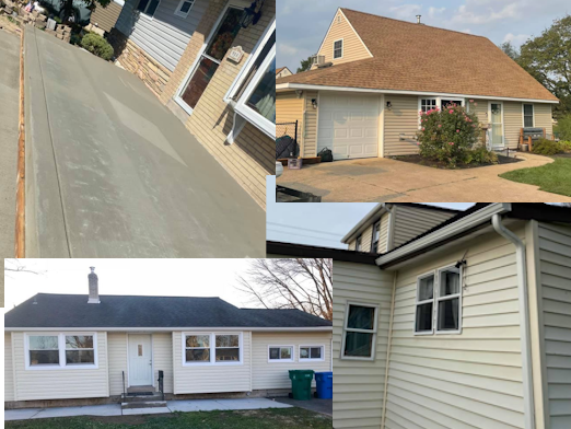 Collage of a beige house exterior with tan roof, white trim, driveway, and side windows.