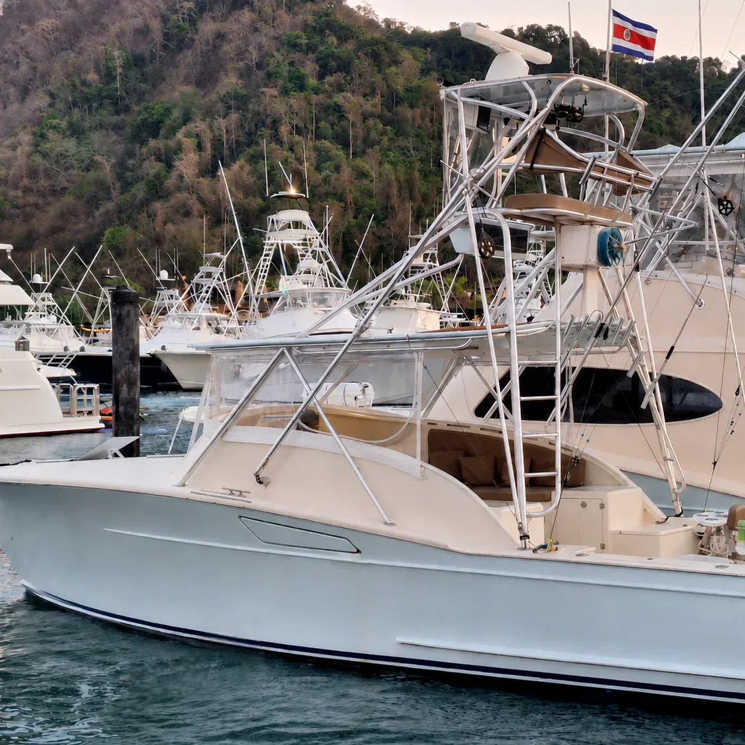 White sportfishing yacht docked in a marina with other boats and a hillside in the background