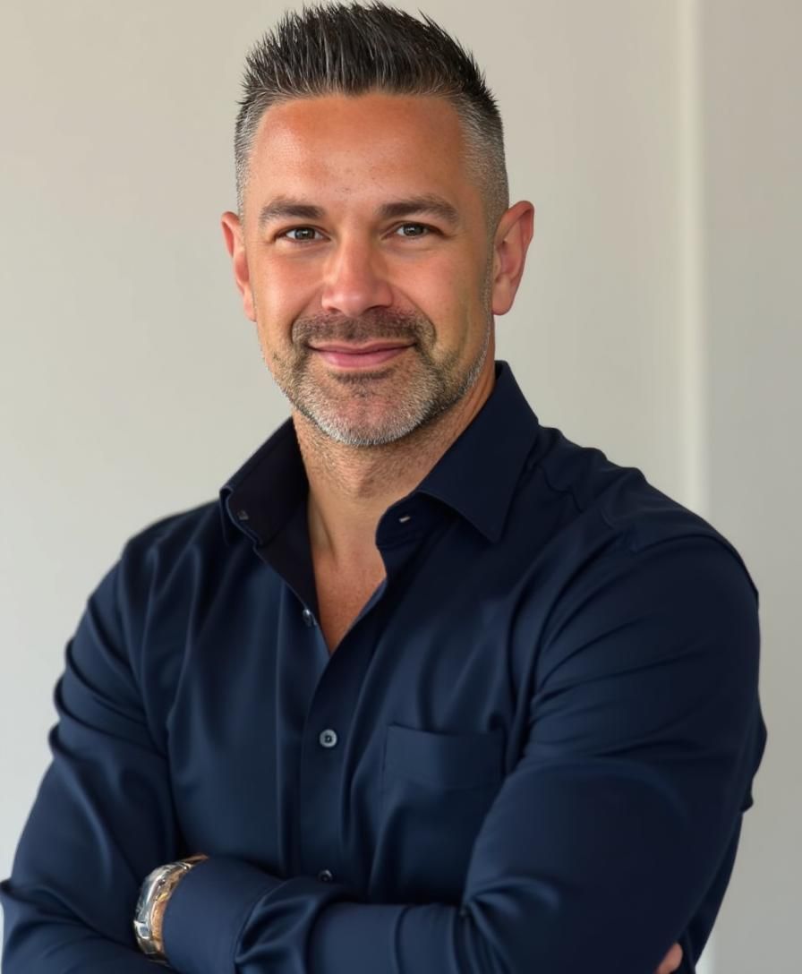Man with graying hair and beard wearing a dark blue button-down shirt, smiling.