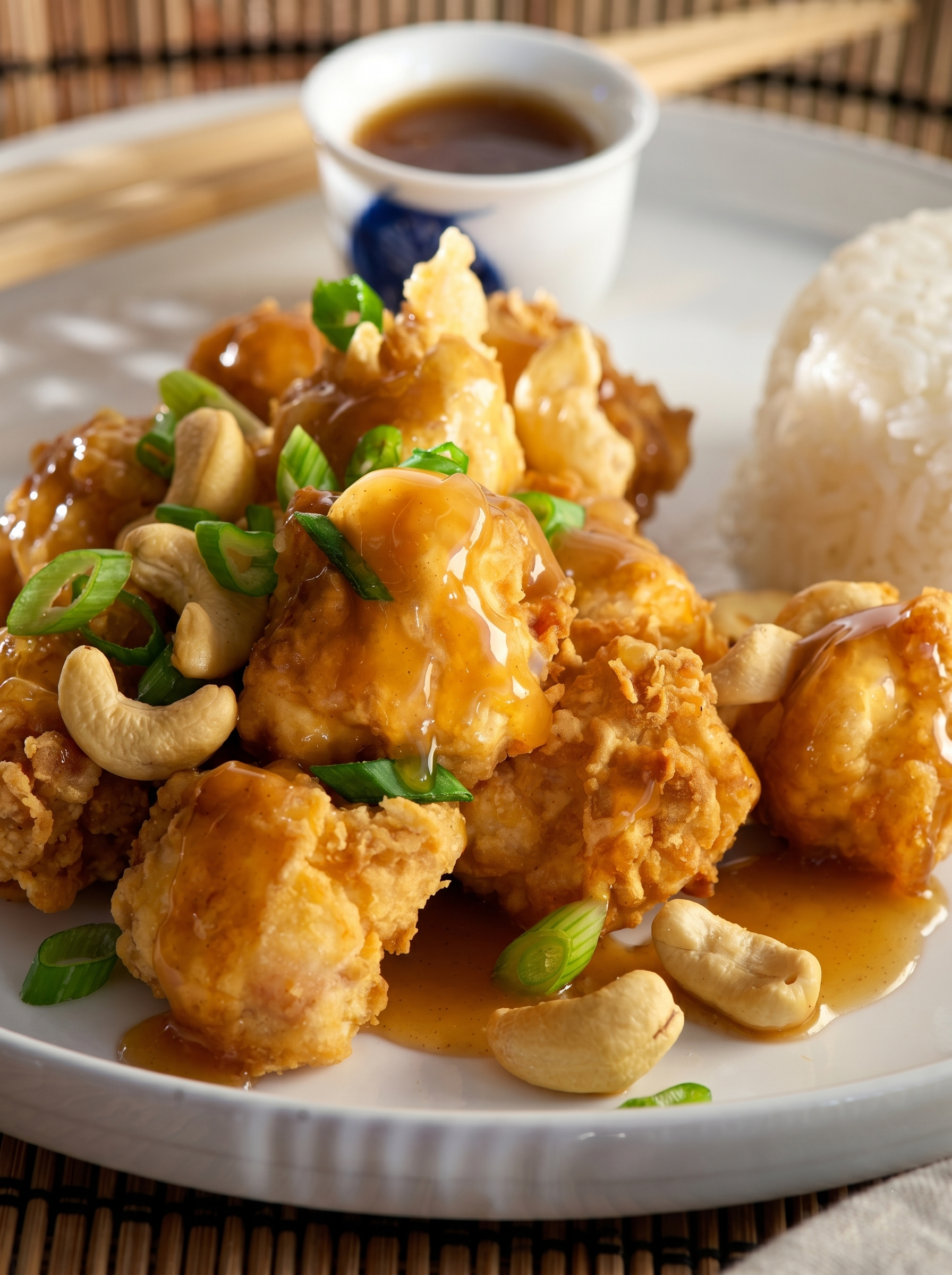 A plate of golden, crispy cashew chicken drizzled in sauce, topped with sliced green onions, served with white rice.