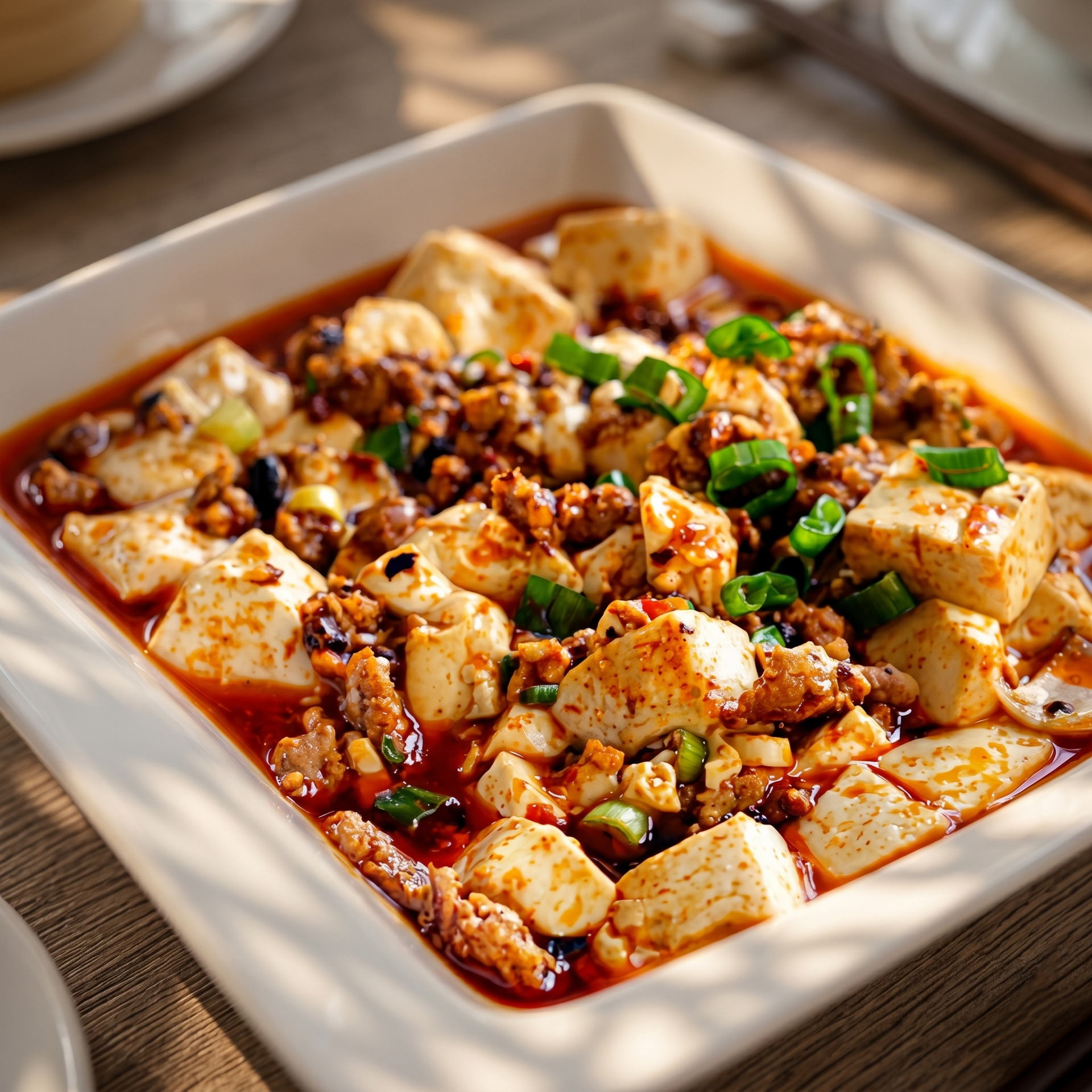 A square white bowl of Mapo tofu with cubes of soft tofu, ground meat, and green onions in a spicy, reddish-brown sauce.