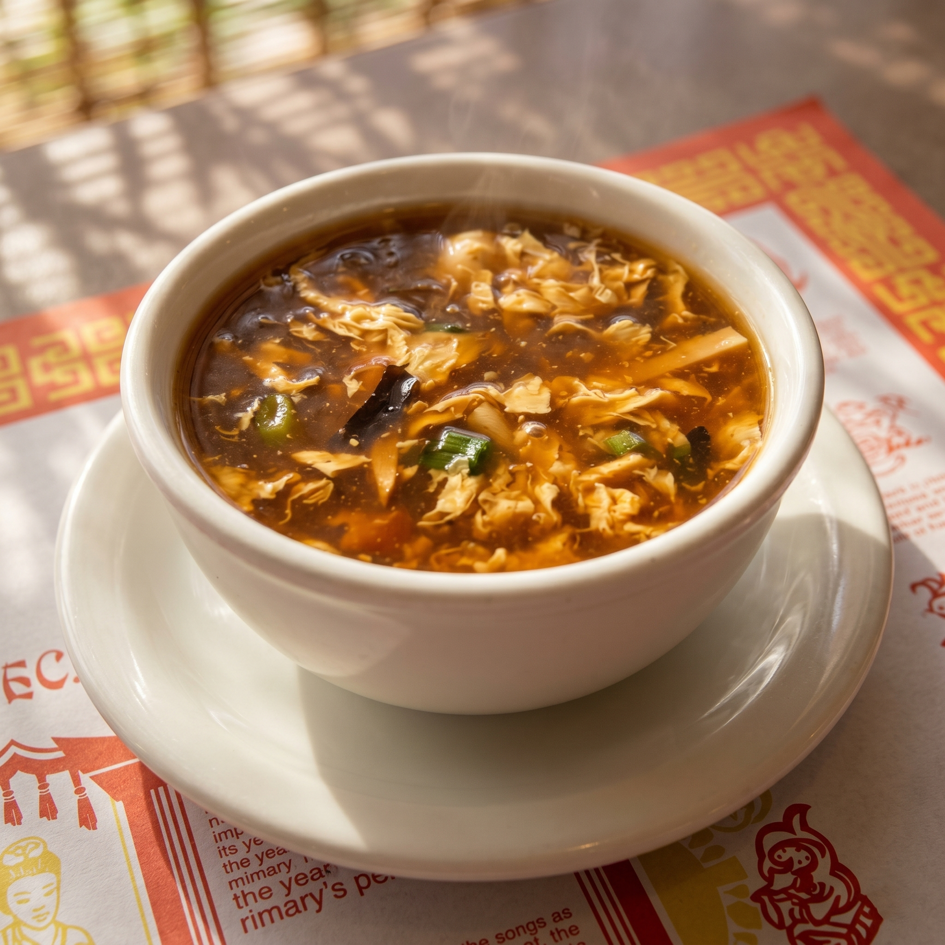 A steaming bowl of hot and sour soup in a white bowl and saucer, sitting on a patterned Chinese restaurant placemat.
