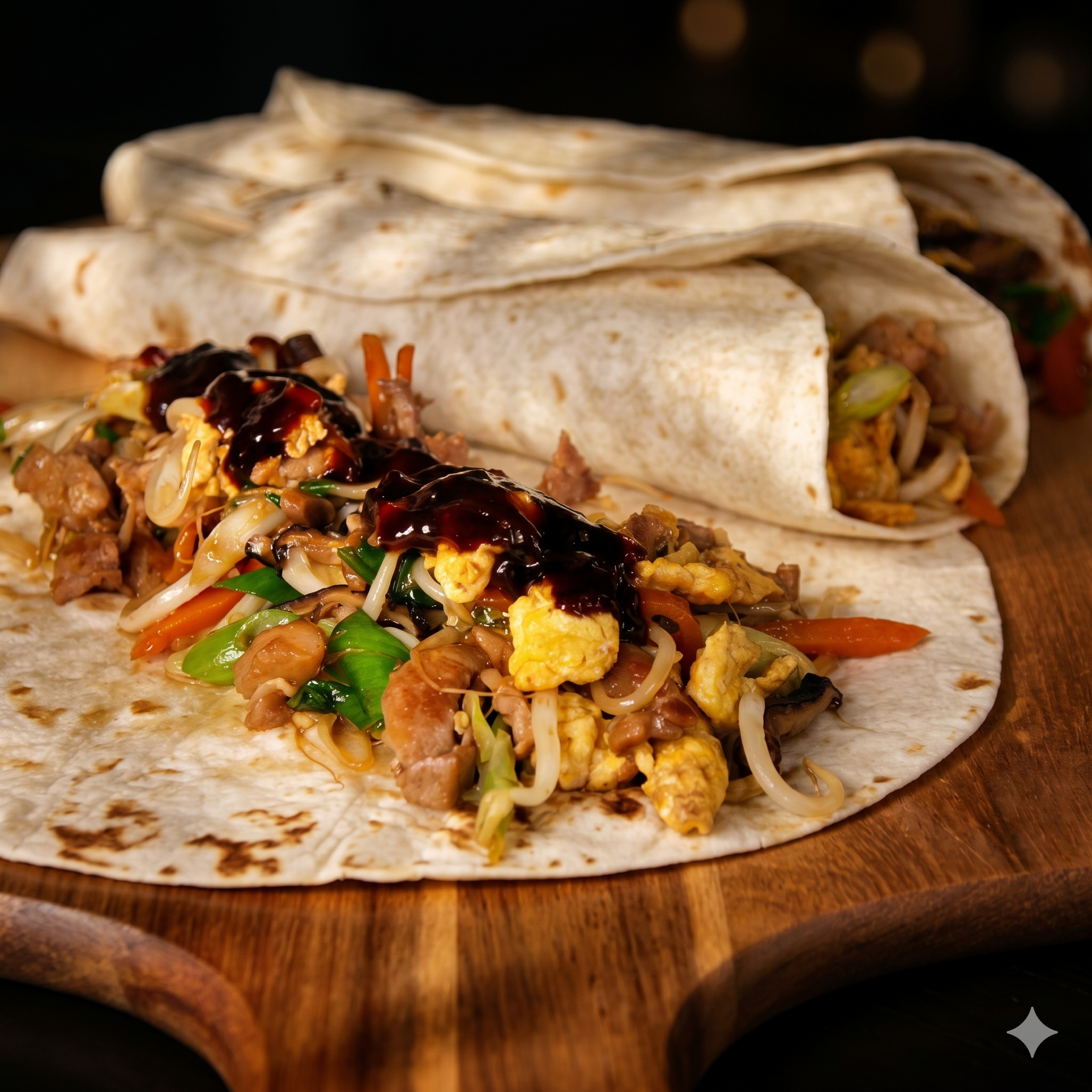 Three flour tortillas filled with stir-fried vegetables, eggs, and meat, topped with dark sauce on a wooden cutting board.