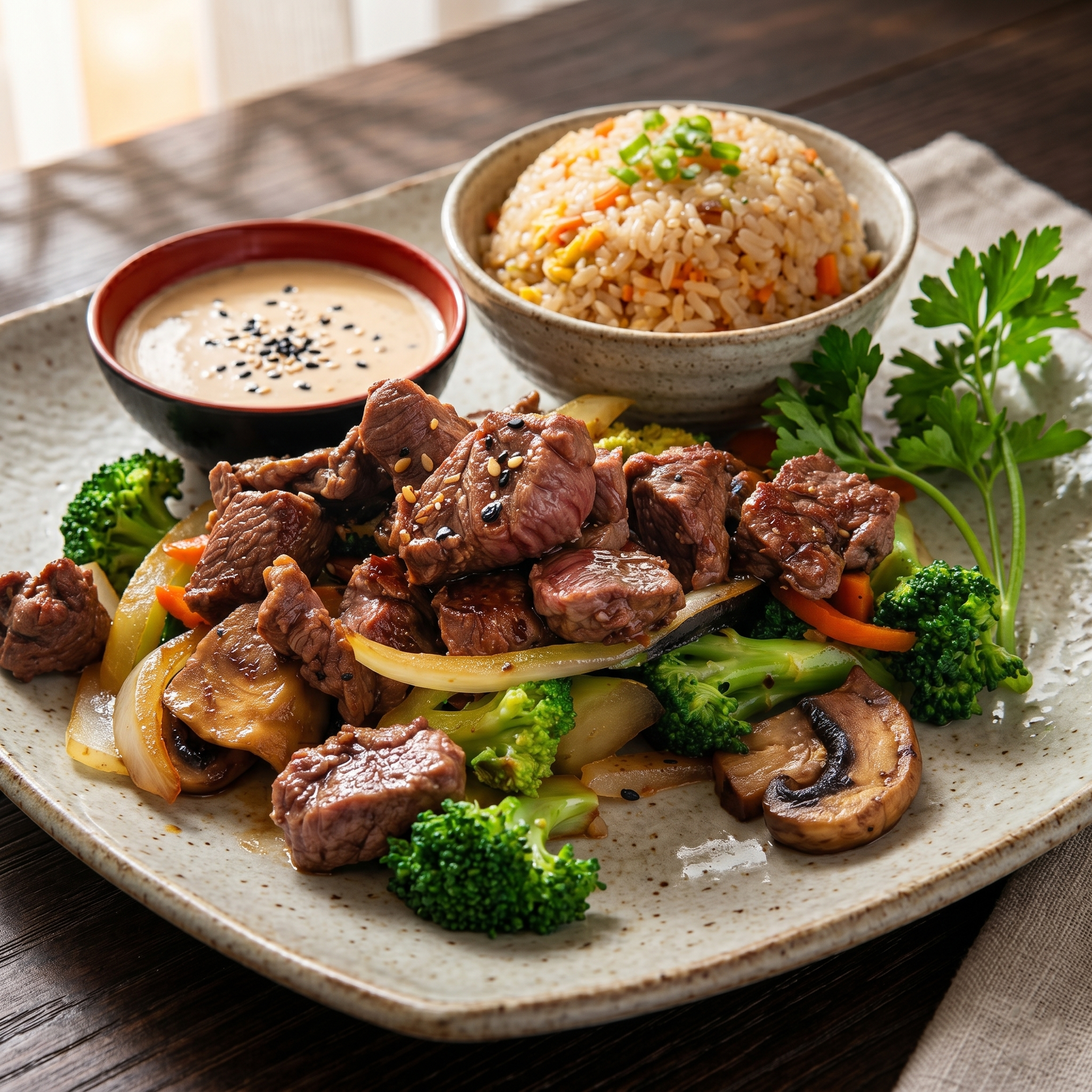 A ceramic plate featuring seared beef cubes, stir-fried broccoli, mushrooms, onions, rice, and a side of creamy sauce.