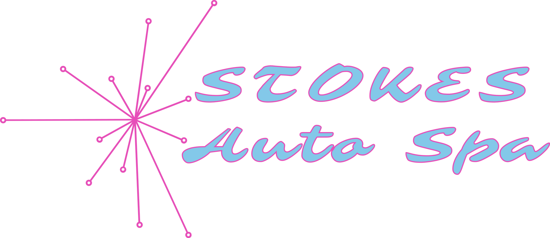 Logo for Stokes Auto Spa, with stylized text and starburst graphic in blue and pink.