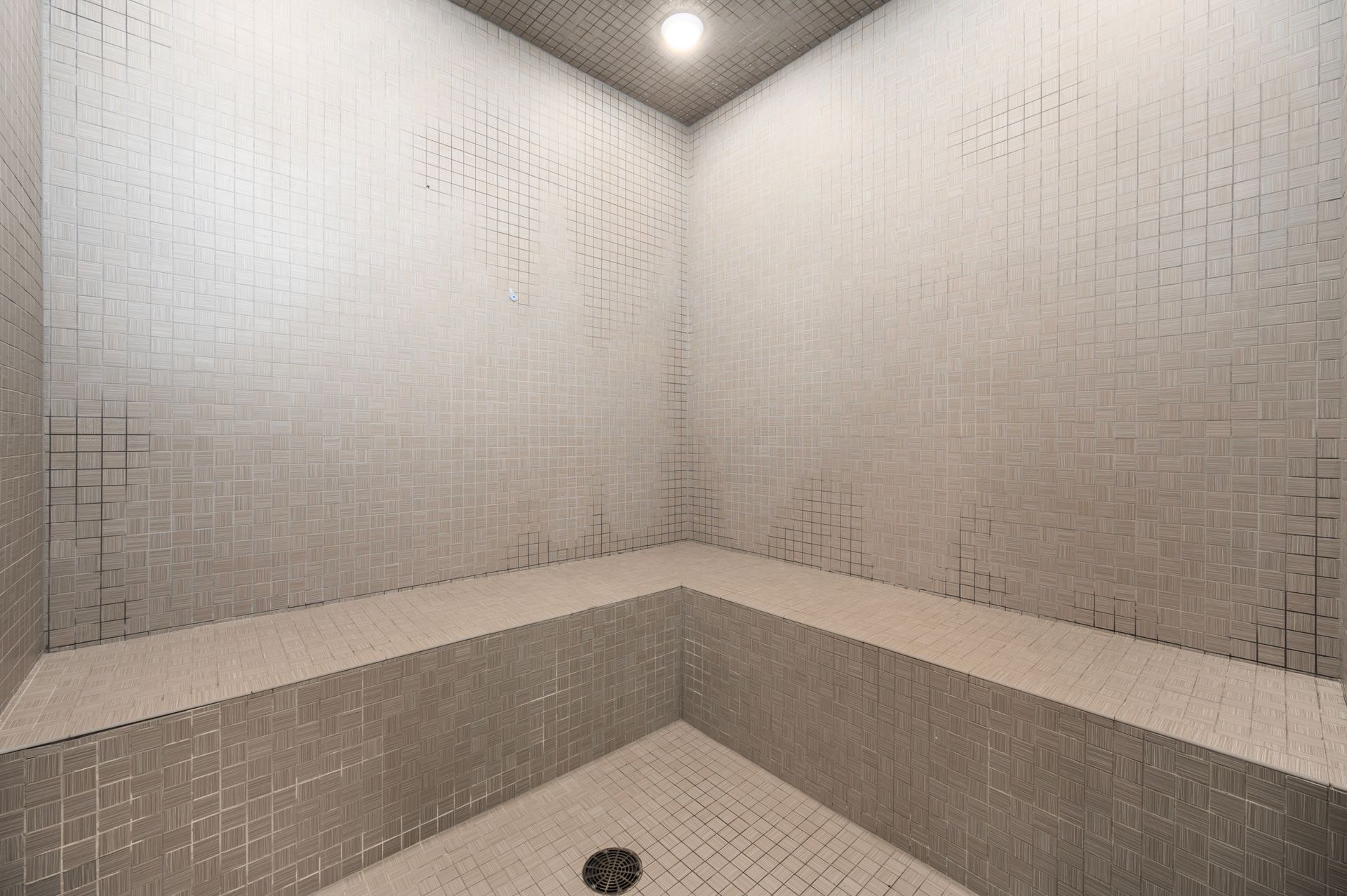 An interior view of a modern steam room with light gray mosaic-tiled walls, built-in benches, and a central floor drain at Silver Collection at Cosner's Corner in Fredericksburg, VA.