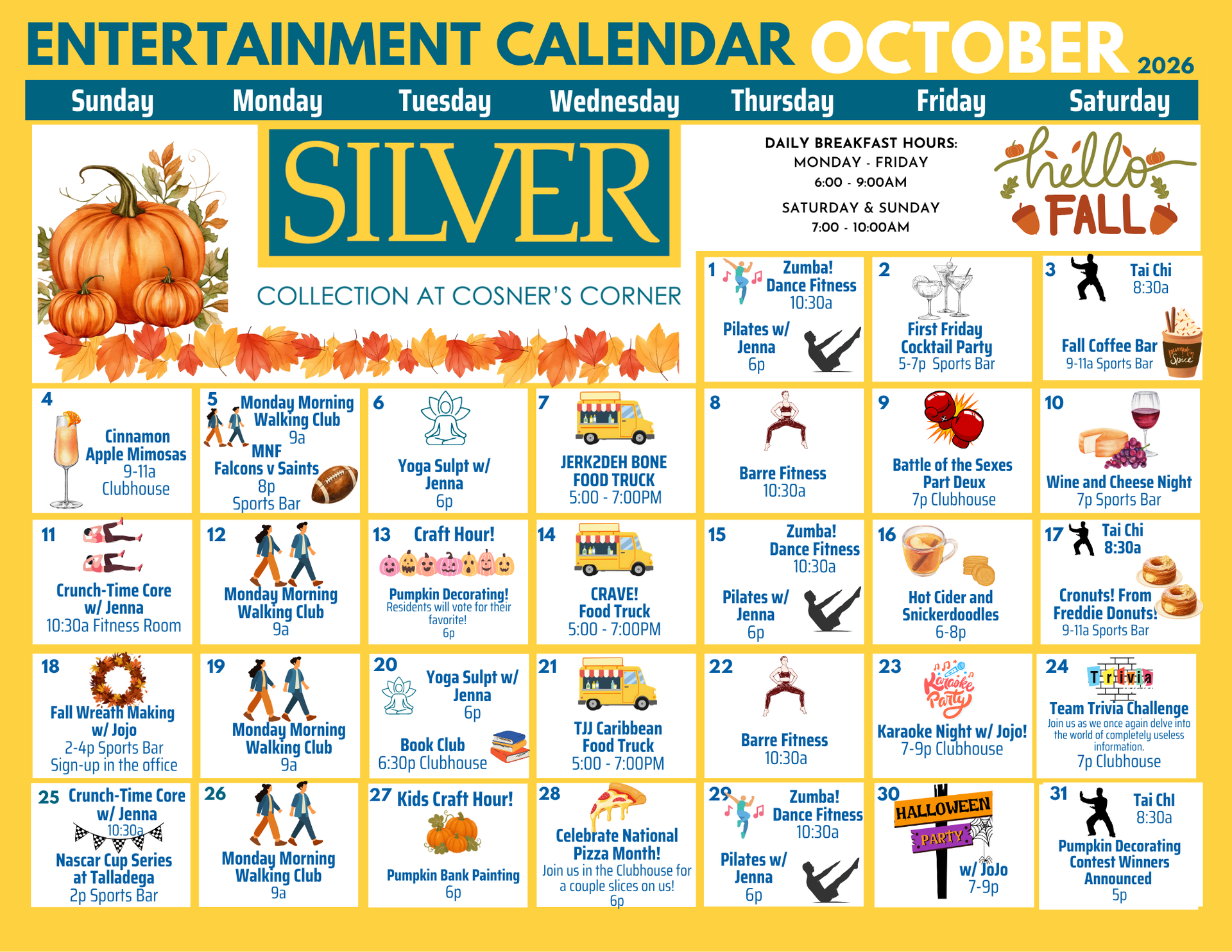 Monthly entertainment calendar with seasonal decorations.