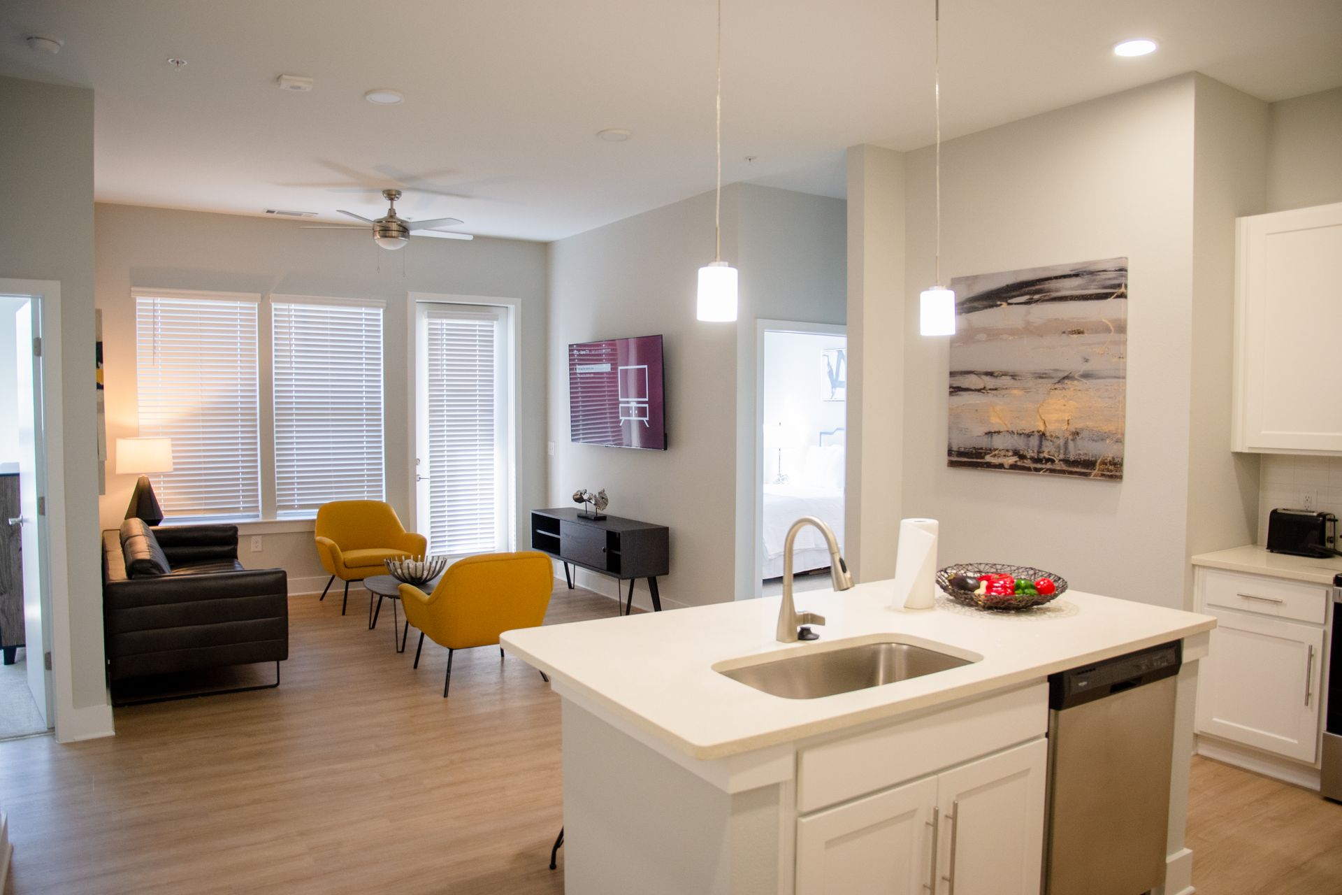 Kitchen and living room at Silver Collection at Cosner's Corner in Fredericksburg, VA.