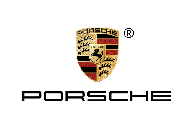 Porsche crest logo above black PORSCHE wordmark on a white background