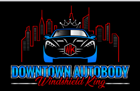 Downtown Auto Body logo in red and white on a dark blue car-shaped background