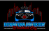 Downtown Auto Body logo in red and white on a dark blue car-shaped background