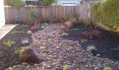 A backyard with a wooden fence and rocks
