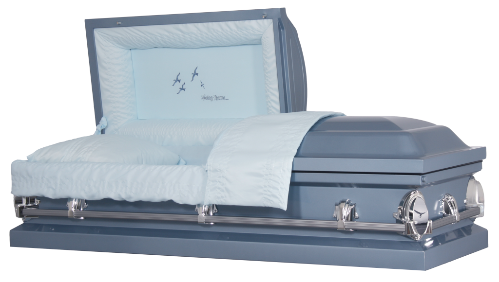Light blue casket with matching pillow and satin lining, shown in a side view