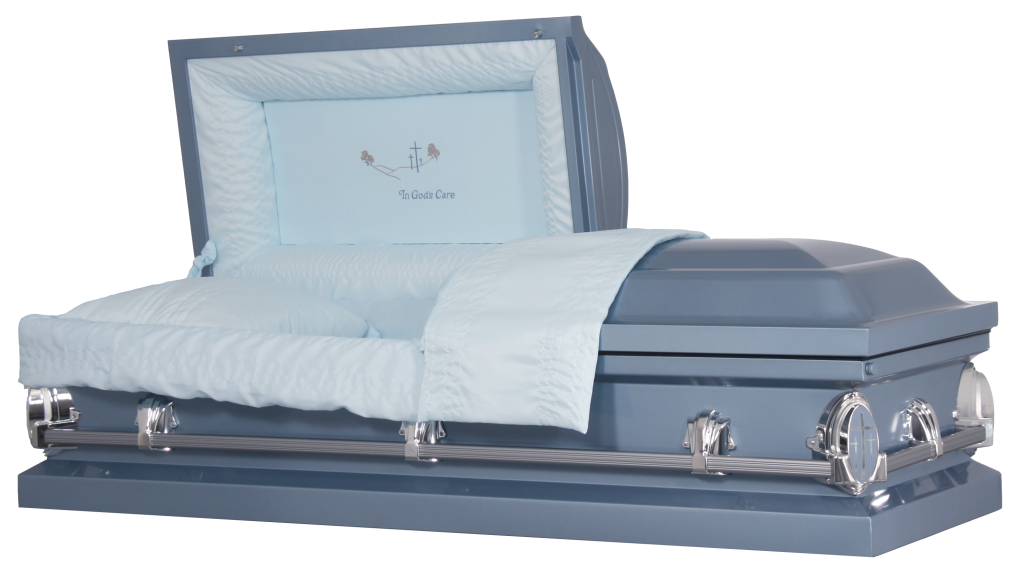 Light blue casket with silver trim and raised lid on a white background