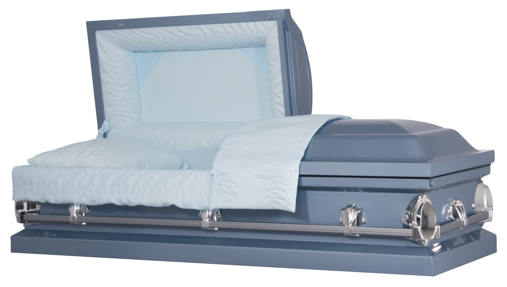 Light blue and gray casket with open lid, shown in profile on a white background