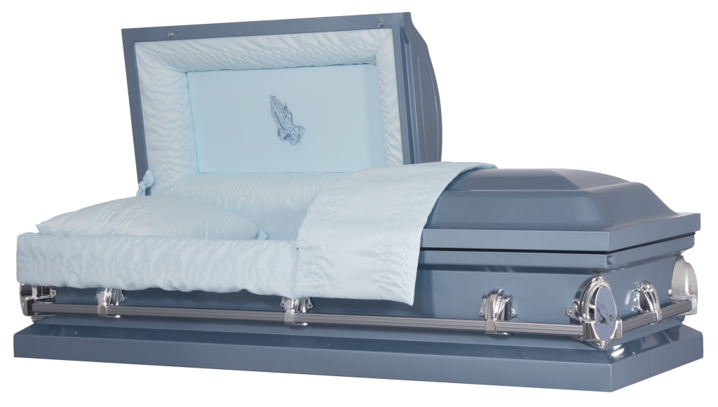 Blue casket with white satin lining and silver hardware, shown open on a plain background