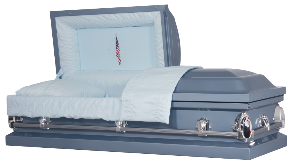 Blue casket with open lid and white lining, displayed against a plain background