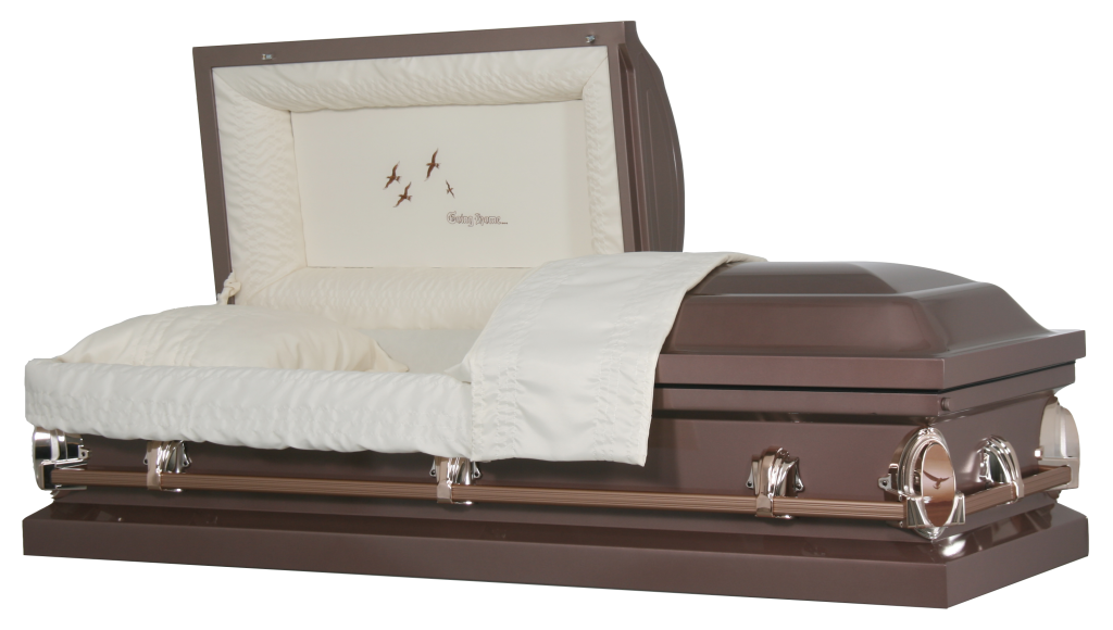 Open casket with a white-lined interior and brown exterior