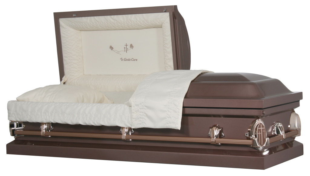 Brown casket with open lid and white interior bedding on a white background
