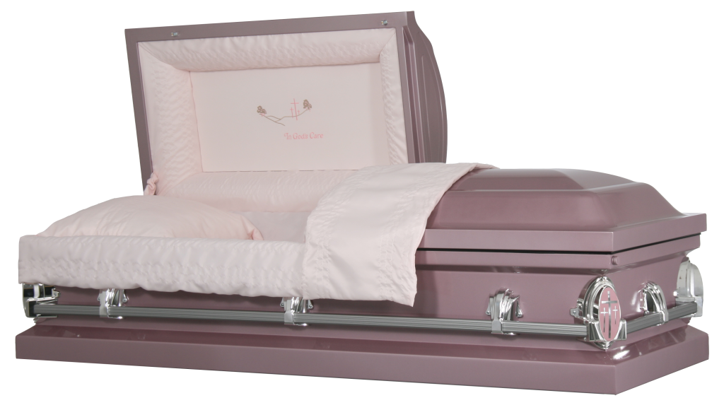 Open pink casket with white satin lining and silver hardware