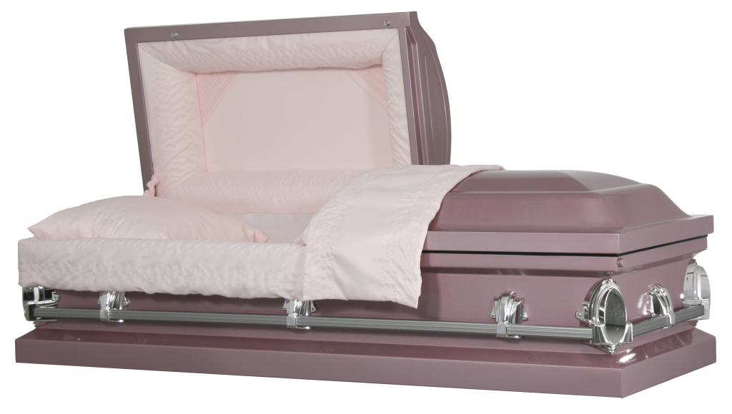 Pink casket with lid open, shown in a side view on a white background