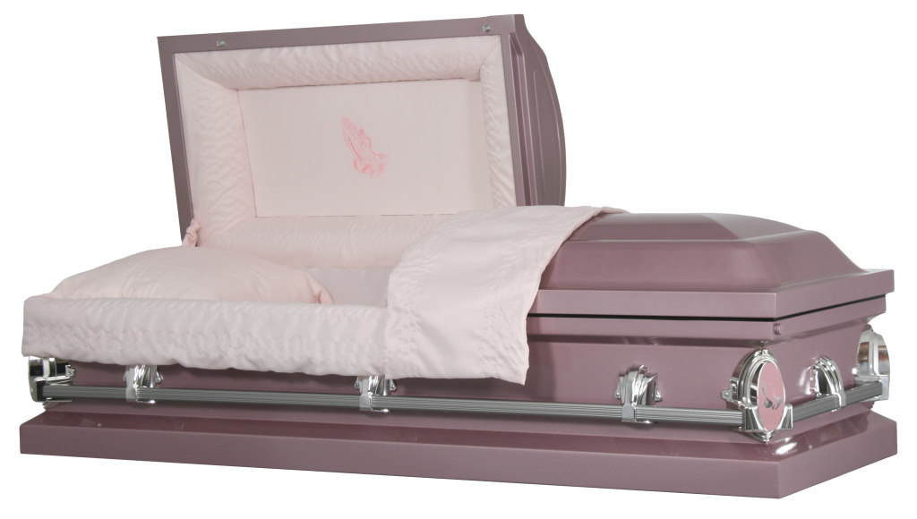 Pink casket with open lid, white interior, and silver hardware on a plain background