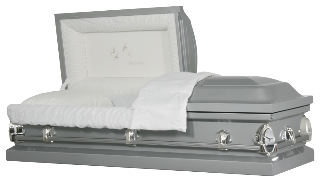 White casket with silver trim and raised lid on a plain background