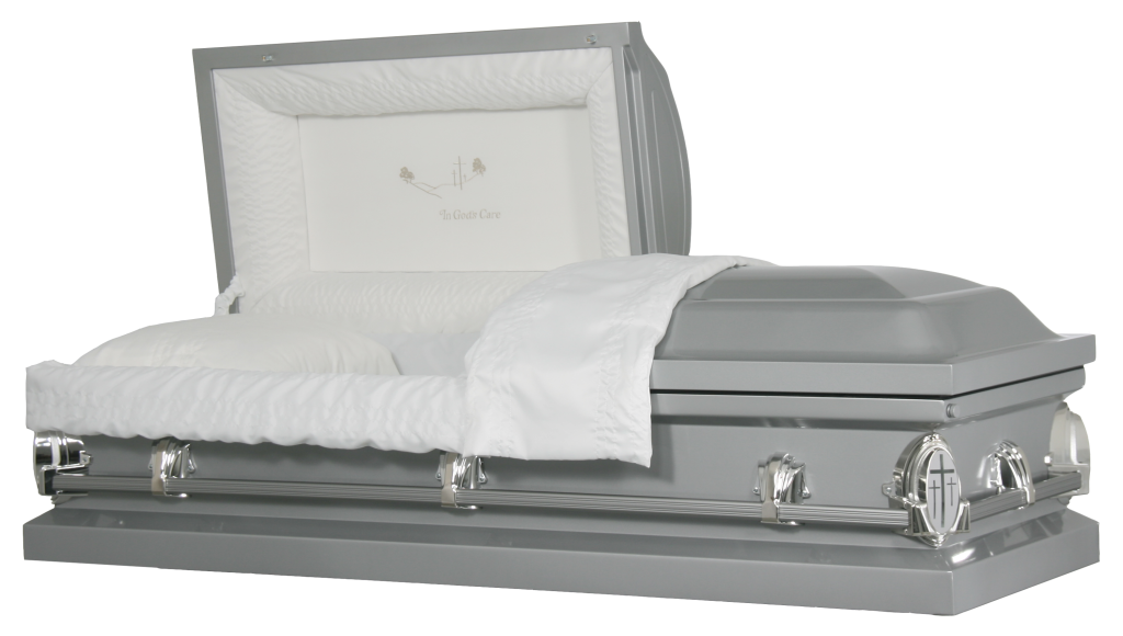 Silver casket with open lid and white satin lining, resting on a plain background