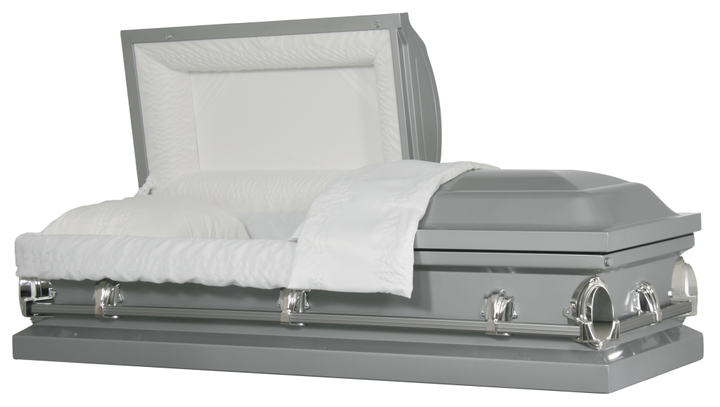 Silver casket with white interior and draped white cloth on a plain background