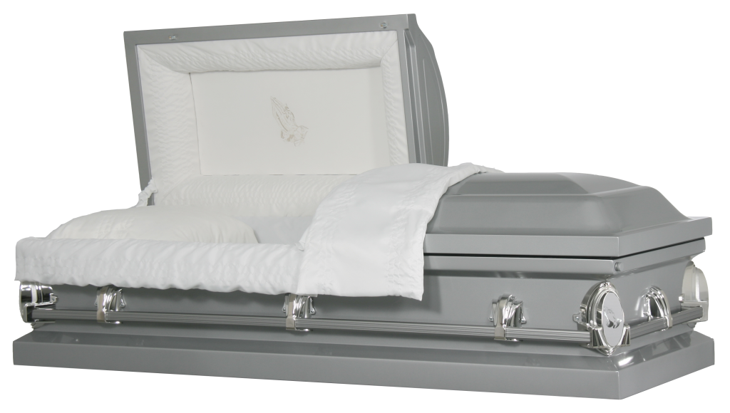 White casket with silver accents and raised lid on a plain background