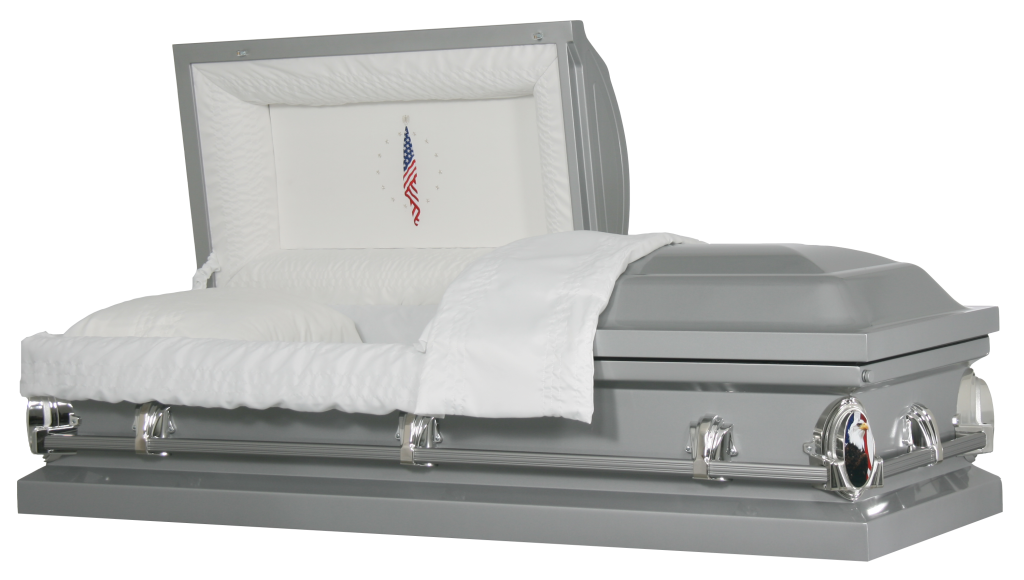 Open silver casket with white lining and raised lid