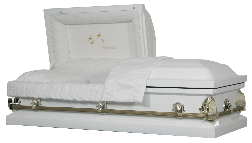 White casket with silver trim and raised lid on a white base, shown in profile