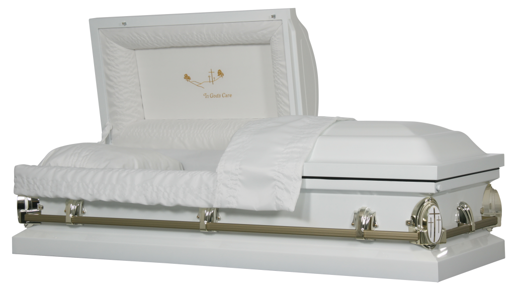 White casket with matching open lid on a base, shown in a studio setting
