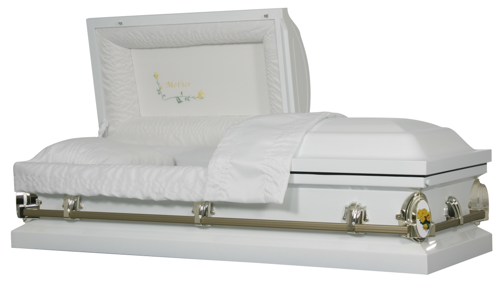 White open casket with silver trim and raised lid on a plain background