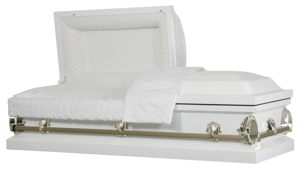 White funeral casket with open lid and satin lining on a white base