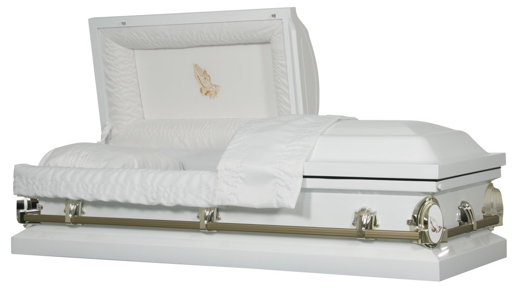 White casket with raised lid and satin lining on a white stand