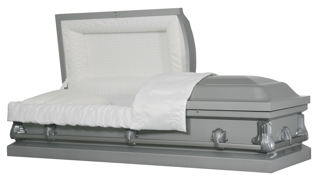 White casket with silver trim and a padded interior, shown closed on a gray background