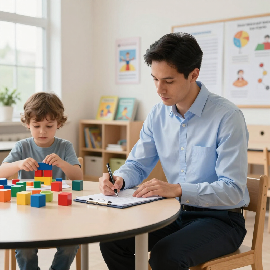 Adult writing at a table while a child plays with colorful blocks in a bright classroom
