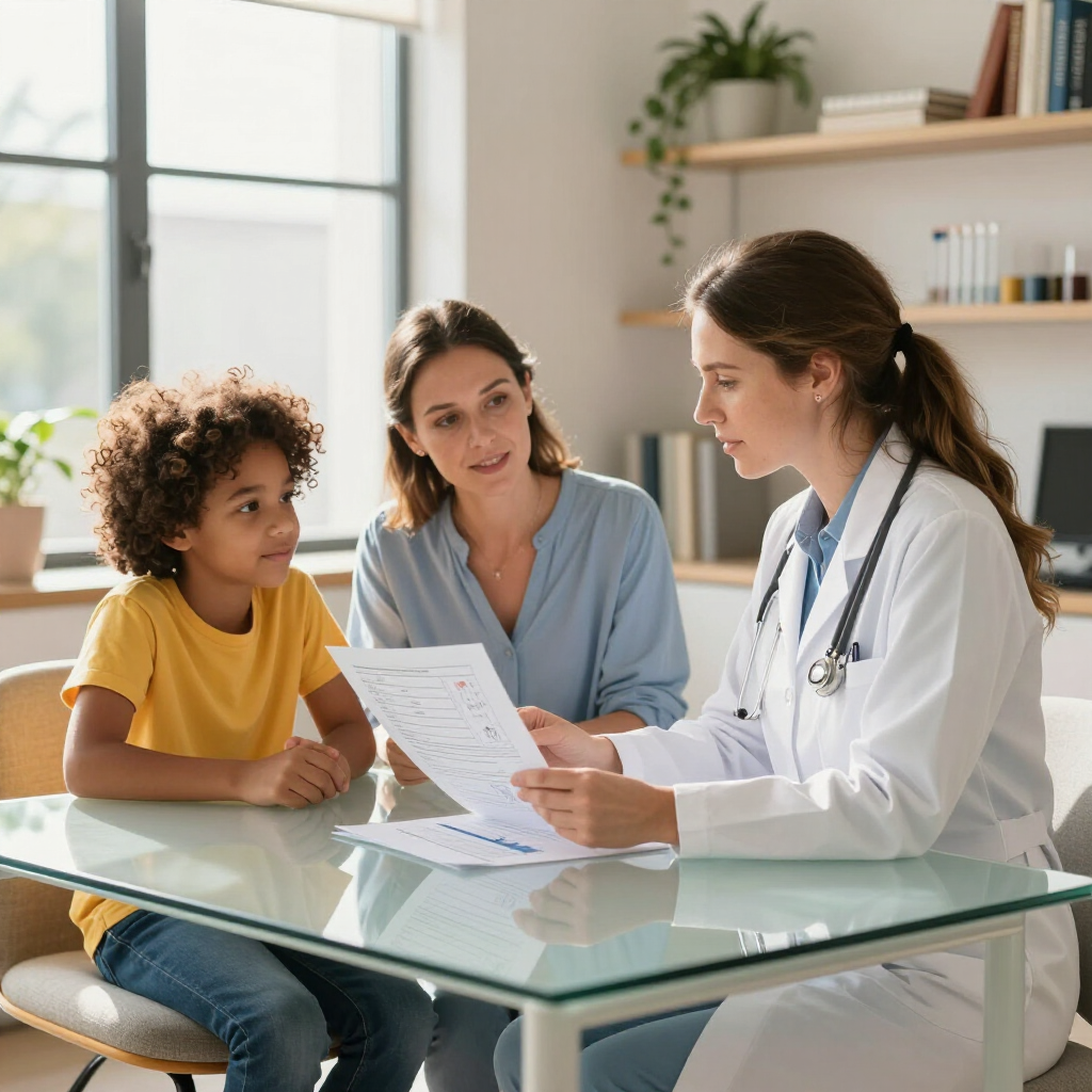 Doctor reviews paperwork with a woman and child at a glass table in a bright office