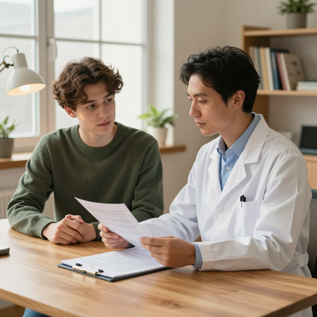 Doctor reviewing paperwork with a patient at a wooden table in a bright office