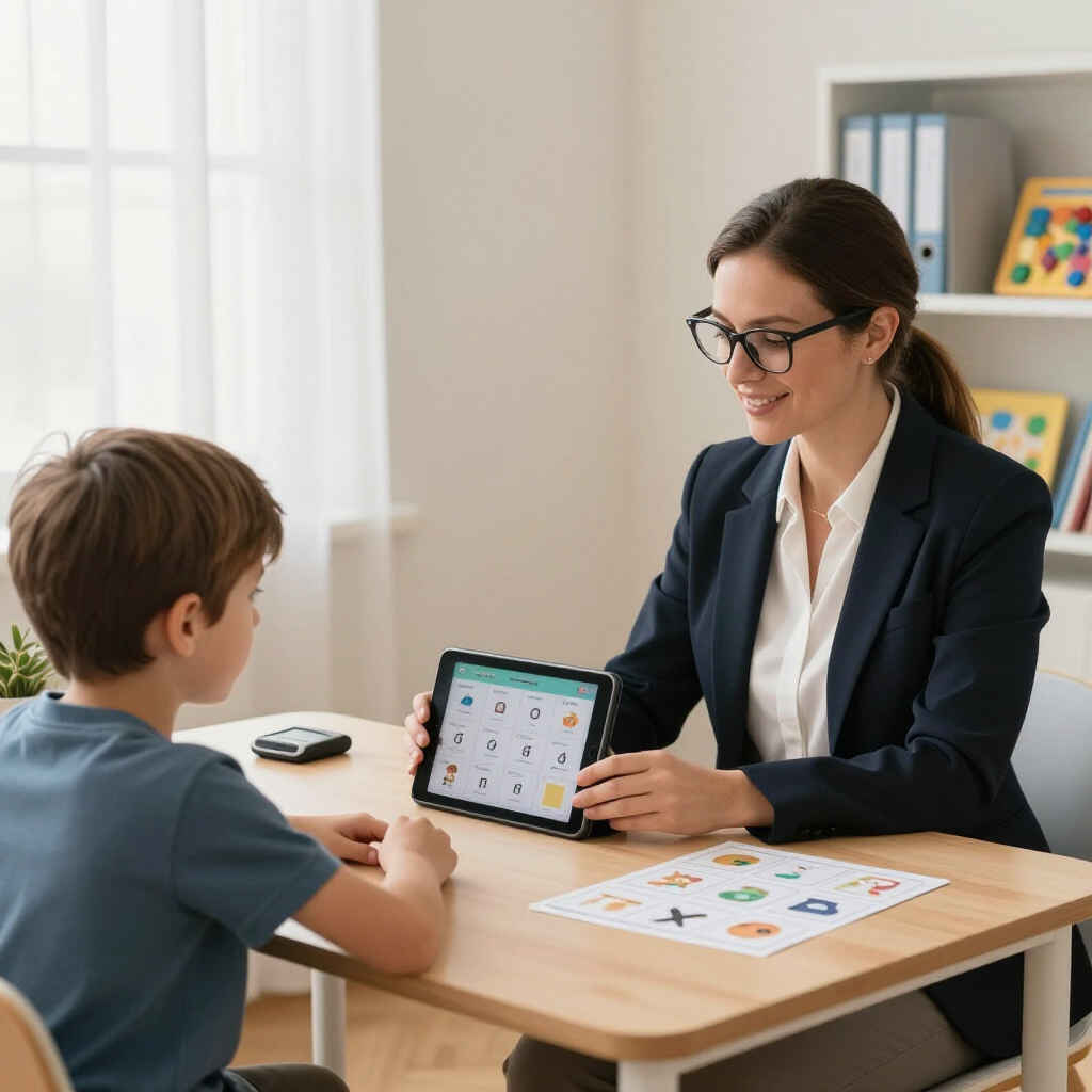 Teacher and student using a tablet during a one-on-one lesson at a small table in a bright classroom