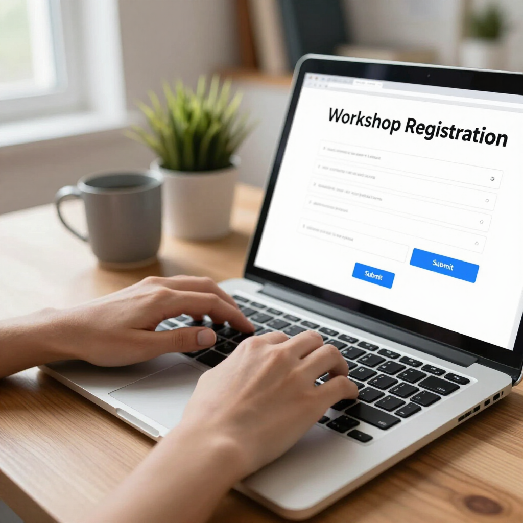 Person typing on laptop with a “Workshop Registration” form open on a desk