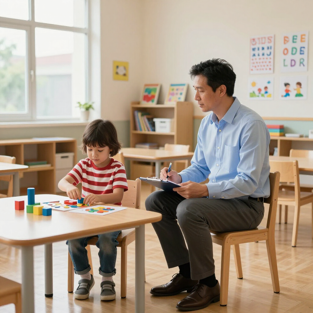 Teacher and child doing a seated activity in a bright classroom with colorful blocks on the table