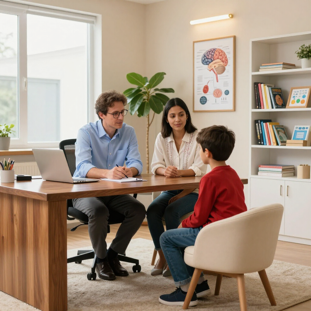Therapist and client seated in a bright office during a counseling session