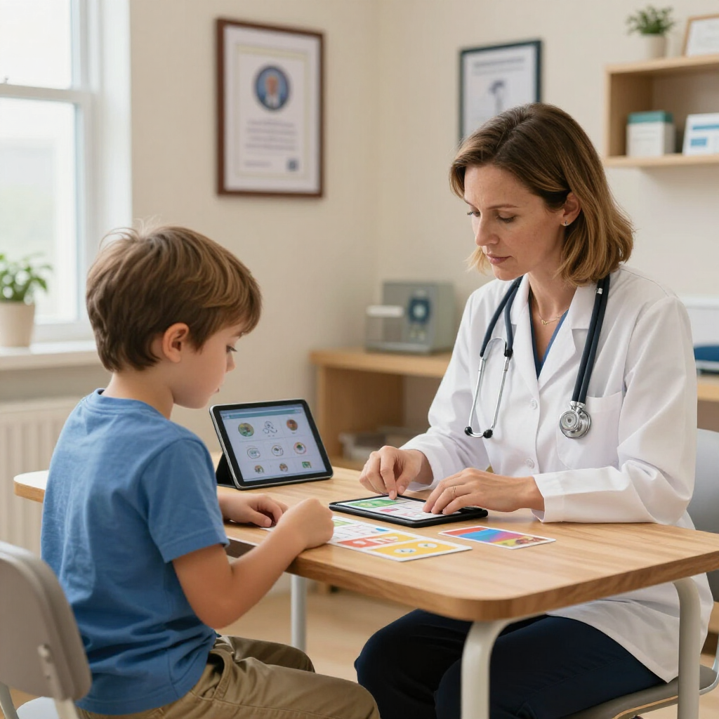 Doctor and child playing a tablet learning game at a small table in a bright clinic room